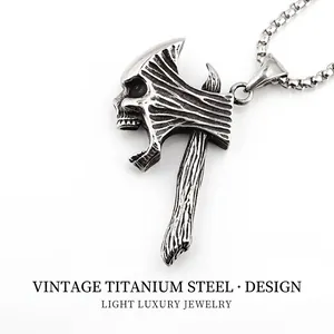 Retro Titanium Steel Skull Axe Pendant Necklace For Men Gothic Punk Style Vintage Silver Biker Hip Hop Jewelry Necklaces