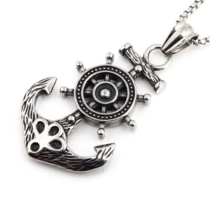 Vintage stainless steel anchor and helm pendant necklace for men with aged silver finish