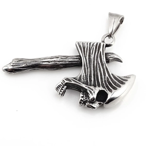 Gothic punk titanium steel skull axe pendant necklace for men with wood texture handle
