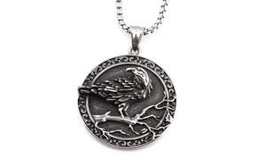 Detailed relief of Viking crow on withered branch pendant with vintage box chain style