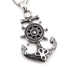 Vintage steel nautical necklace with helm and anchor pendant in antique silver finish