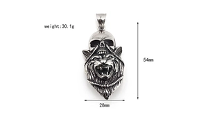 Detailed view of skull and wolf pendant showing 54mm height and 28mm width dimensions
