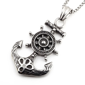 Vintage stainless steel ship anchor and rudder pendant necklace for men with box chain