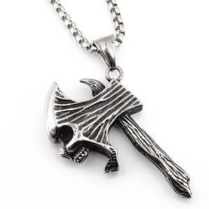 Vintage stainless steel skull axe pendant necklace with long box chain for men