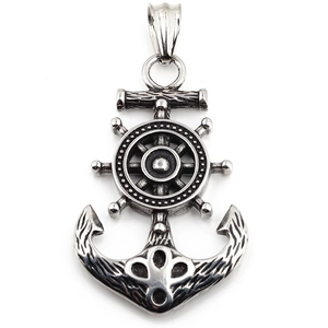 Retro stainless steel nautical pendant necklace featuring anchor and helm rudder design
