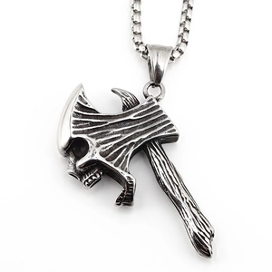 Gothic skull axe pendant necklace in titanium steel with vintage finish for men