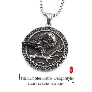Retro Viking Raven Relief Round Pendant Titanium Steel Necklace For Men Nordic Norse Mythology Crow Tree Branch Gothic Jewelry
