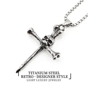 Vintage Gothic Skull Cross Pendant Necklace Men Titanium Steel Punk Retro Distressed Bone Cross Jewelry Religious Gift