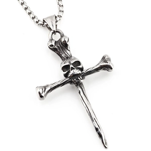 Gothic skull and crossbones skeleton pendant necklace in vintage oxidized steel finish