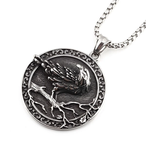 Vintage Viking Odin Raven pendant necklace in oxidized steel with textured box chain detail