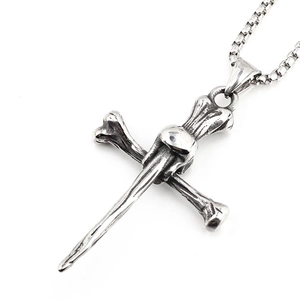 Retro punk gothic bone and nail cross necklace pendant with silver finish box chain