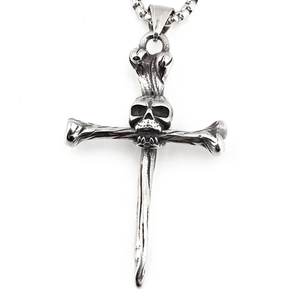 Vintage punk silver skull cross necklace pendant for men with bone design box chain