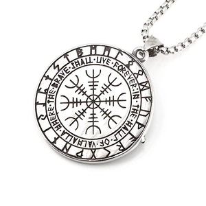 Viking Vegvisir compass necklace with Valhalla engraving on polished steel pendant
