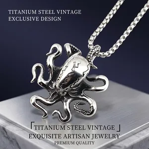 Collier Pendentif Poulpe Cthulhu en Acier Inoxydable Vintage pour Hommes Punk Gothique Argent Vieilli Bijoux Monstre Cadeau