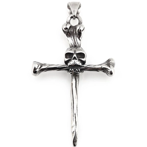 Vintage punk skull cross pendant necklace in distressed titanium steel for men
