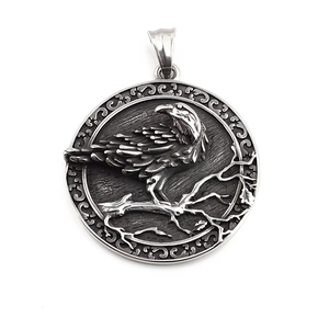Nordic Viking raven embossed pendant in vintage silver finish with Odin wolf branch detail