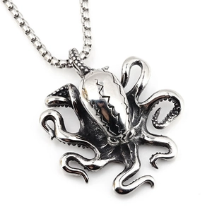 Pendentif poulpe Cthulhu argent rétro avec tentacules sur chaîne en acier robuste