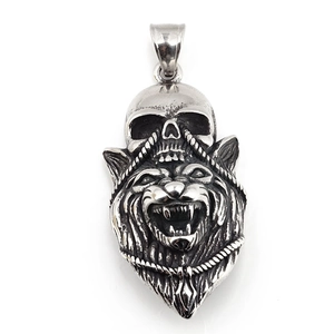 Men's punk stainless steel necklace featuring a roaring wolf and skull pendant detail