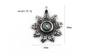 Macro view of sunfire compass pendant showing 49mm height and 22.7g weight specs