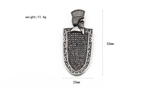 Detailed view of silver Pharaoh pendant showing dimensions 53mm by 23mm and 11.4g weight