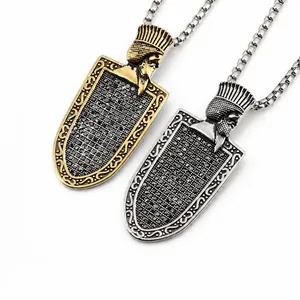 Vintage Pharaoh Shield Pendant Necklace For Men Stainless Steel Black Rhinestone Inlaid Hip Hop Streetwear Jewelry Accessories
