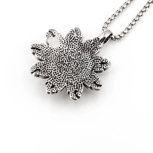 Retro sunflower compass pendant necklace back view with durable silver box chain