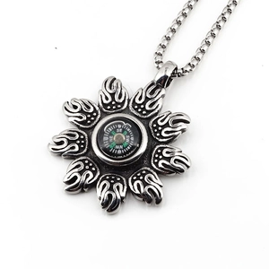 Vintage stainless steel compass pendant necklace with sunflower flame design and box chain