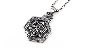 Detailed close-up of a Viking Rune totem necklace with Metatron cube engraving