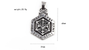 Detail view of Viking totem pendant with runes showing 49mm height and 20.9g weight