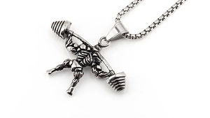 Macro di collana a manubrio con ciondolo pesista in argento vintage e catena a scatola