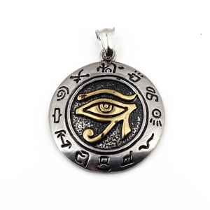 Pendentif œil d'Horus vintage en acier inoxydable bicolore argenté et doré