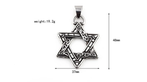 Detail showing vintage silver hexagram pendant with 48mm height and 37mm width