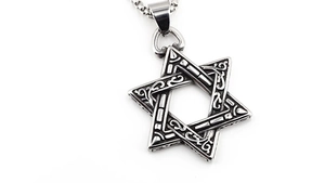 Detailed close-up of retro titanium steel Hexagram pendant with intricate relief texture