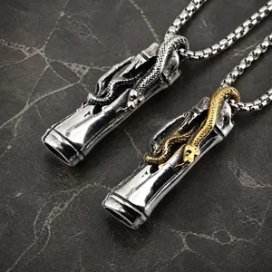 Vintage Stainless Steel Snake Pendant Necklace For Men Women Retro Distressed Bamboo Joint Kettle Shape Hip Hop Jewelry