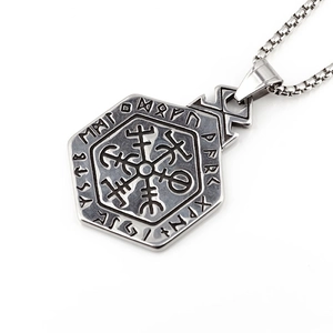 Nordic Viking Vegvisir compass necklace with rune engravings on hexagonal steel pendant