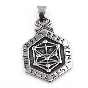 Nordic Viking hexagram necklace with runic symbols on antique steel pendant