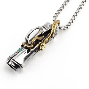 Vintage stainless steel golf bag necklace with golden snake pendant on a box chain