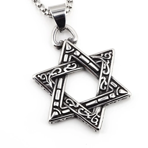 Retro hexagram star pendant necklace in vintage silver steel for men on white background