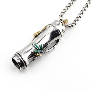 Vintage stainless steel bamboo necklace with golden cicada and green enamel leaf pendant
