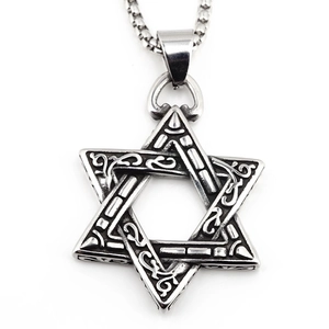Retro hexagram pendant necklace in vintage silver steel with intricate engraved details