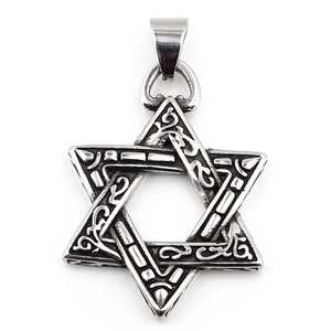 Retro hexagram star pendant necklace in silver stainless steel with vintage engravings