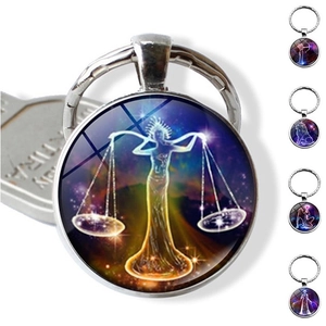 Zodiac Constellation Time Gem Keychain Zinc Alloy Glass Dome Key Ring For Birthday Gift Bag Ornament Charm