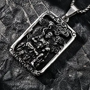 Vintage Edelstahl Buddha Anhänger Halskette Antik Religiöse Schutzgottheit Rechteckig Hohl Schmuck Für Herren