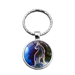 Detail of Capricorn zodiac glass gem keychain with polished silver metal ring