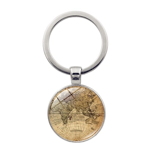 Vintage world map keychain with glass dome and polished silver metal frame ring