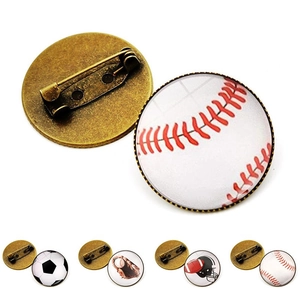 Retro Sports Ball Glass Cabochon Brooch Pin Antique Bronze Silver Metal Alloy Jewelry Badge For Baseball Basketball Football Fans