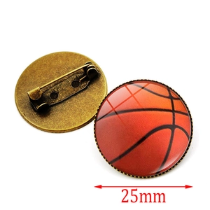 Retro 25mm basketball glass gem brooch pin with antique bronze metal base and safety clasp