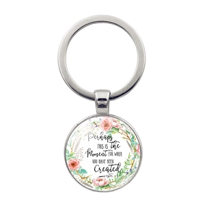 Silver metal keychain with floral glass pendant and Esther 4:14 inspirational quote