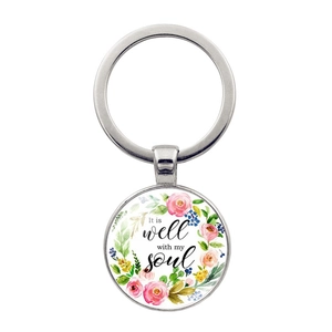 Vintage Inspirational Quote Zinc Alloy Keychain Floral Pattern Round Glass Cabochon Religious Gift Key Ring For Men Women