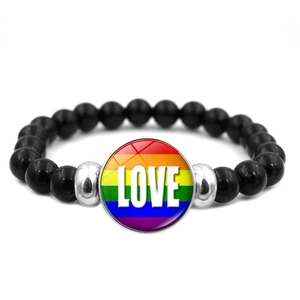 Rainbow stripe LOVE beaded bracelet with black elastic beads and round glass charm